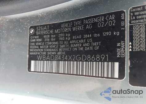 2002 BMW 525Ita z USA, uszkodzony, nr VIN WBADS434X2GD86891